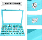 Velvet Jewelry Tray 48 Grid Jewelry Display Tray Organizer Box with Transparent Lid Rings Earrings Necklaces Pendants Display Box Suitable for Women and Girls (Light Blue)