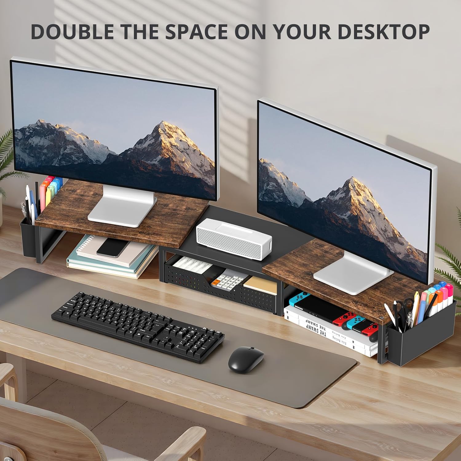 OPNICE Wood Desk Organizers and Accessories, Dual Monitor Stand Riser with Drawer and 2 Pen Holders, Desk Shelf Computer Racks for Office Workspace Organizers, Desktop Organization (Rustic Brown)