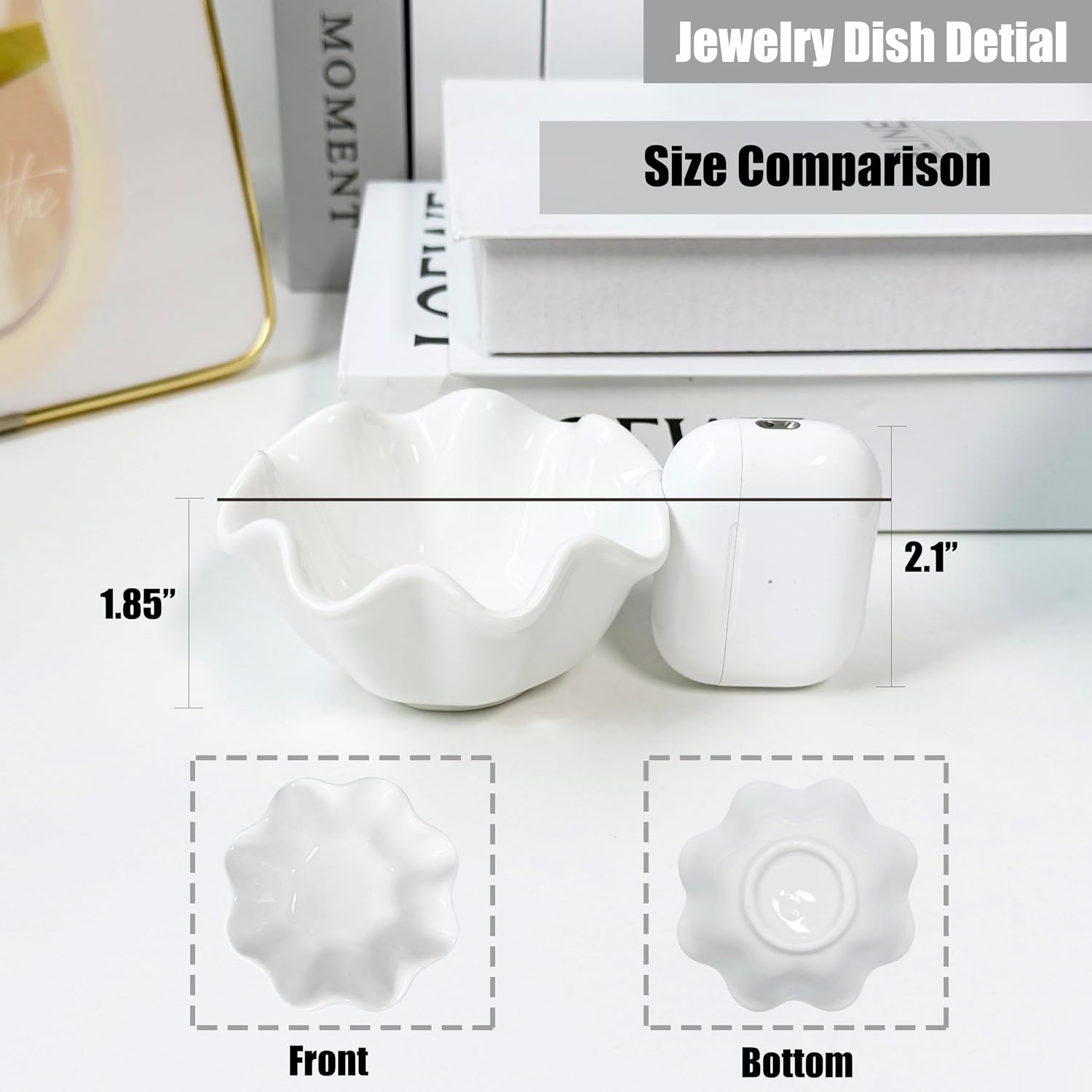 White Flower Jewelry Dish Tray, 3.85″ Lotus Ceramic Ring Holder, Cute Vanity Organizer Nightstand Bathroom Decor, Trinket Plate Dish Christmas Valentine's Mother's Day Birthday Gifts for Women (Plain)