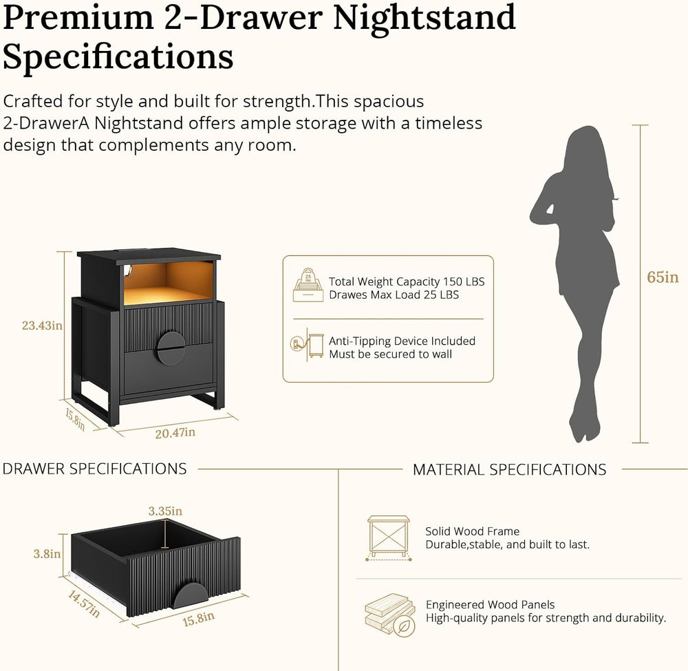 LGHM Set of 2 Fluted Nightstand with Charger Station Strip Lights, 20.47&quot...