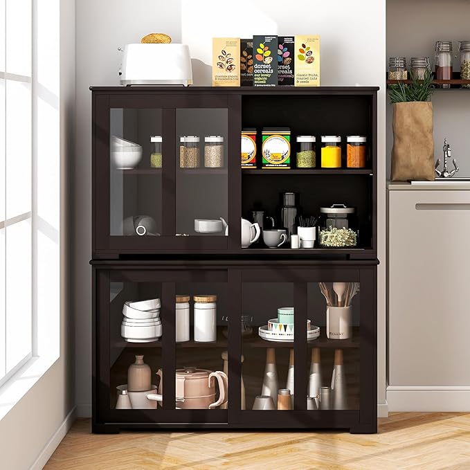 Costzon 2-Pack Wooden Kitchen Storage Cabinet with Adjustable Shelf, Sliding ...