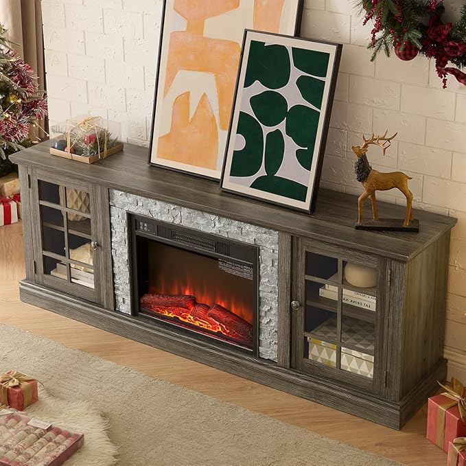 TV Stand with Electric Fireplace & Storage Cabinet, Entertainment Center with 2 Glass Door, Faux Stone Media Console Table for Living Room (Grey,70" with Fireplace)
