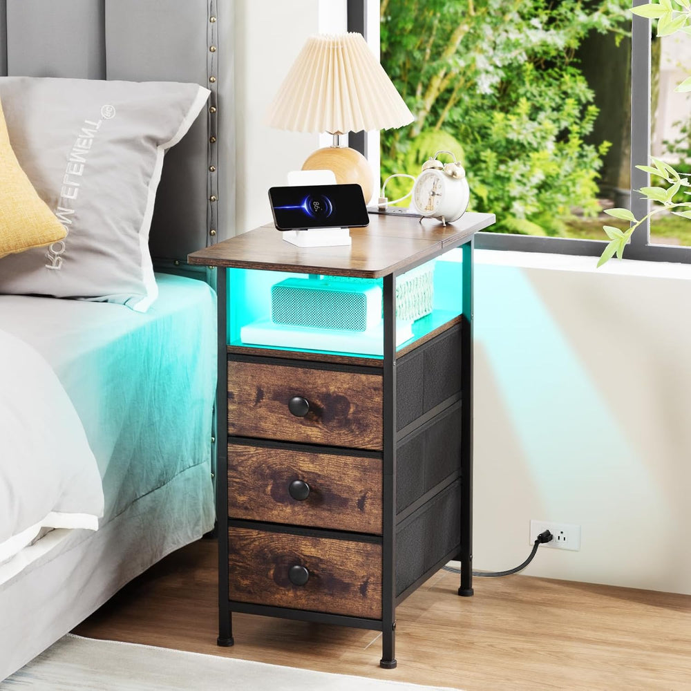 AMHANCIBLE Narrow End Table Living Room with Charging Station, Slim LED Night...