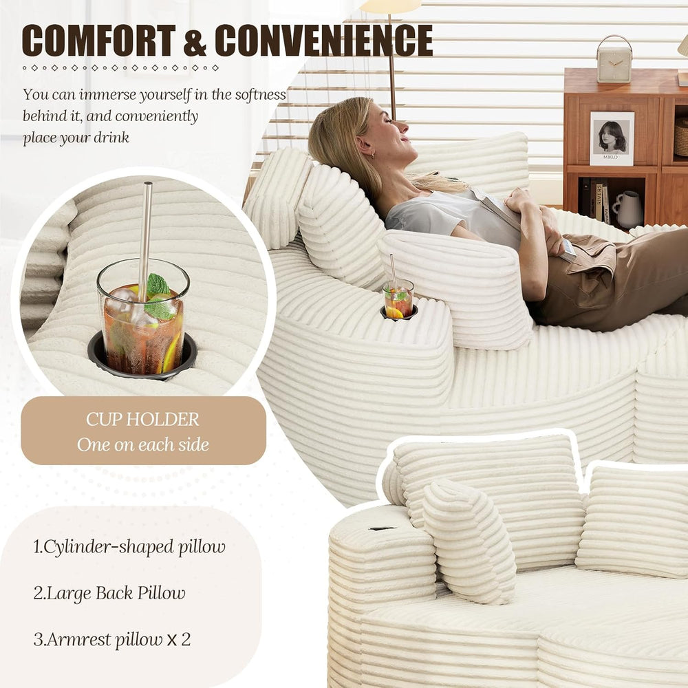 Round Chaise Lounge with Ottoman, Cloud Corduroy Curved Reading Lounge Sofa C...