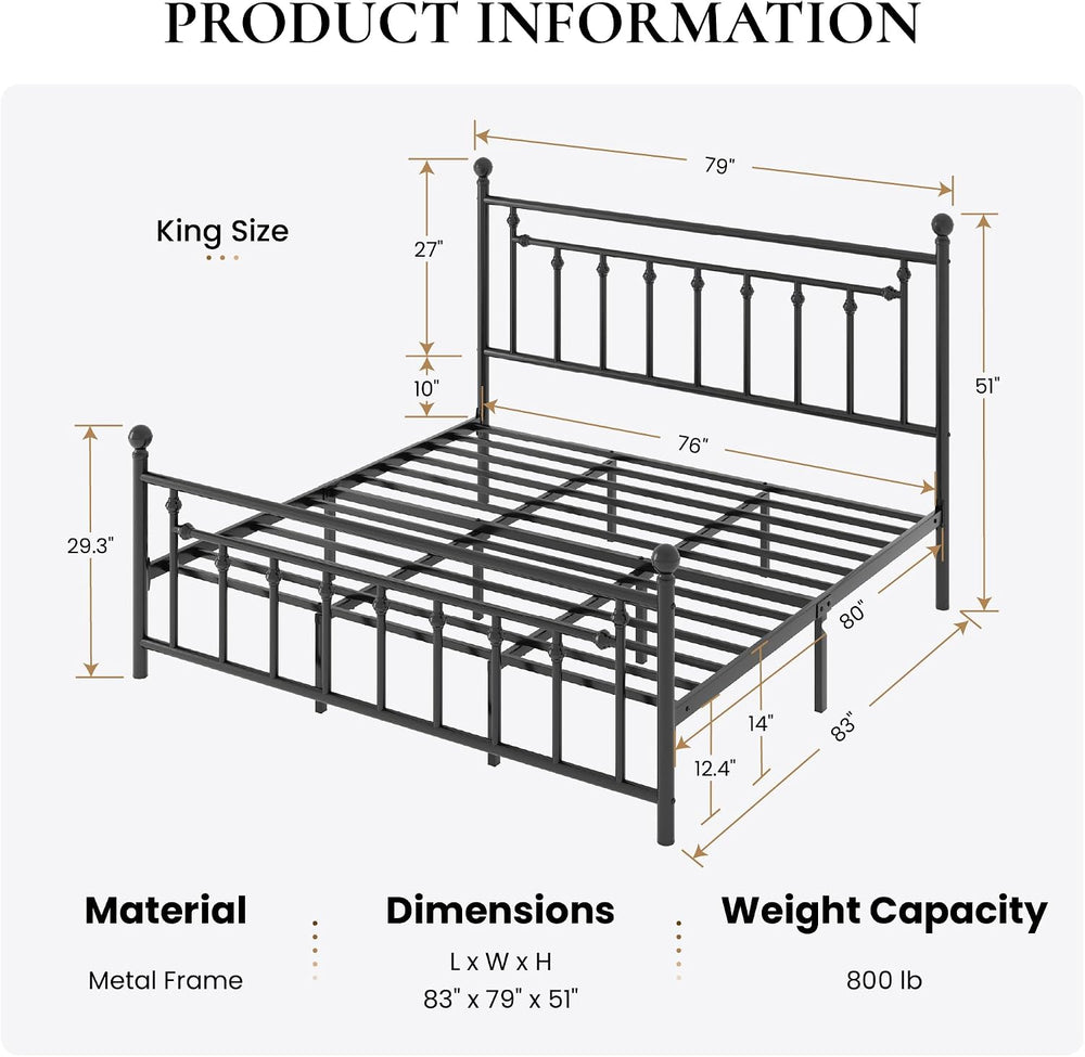 SHA CERLIN 14" King Size Metal Platform Bed Frame/Victorian Headboard an...
