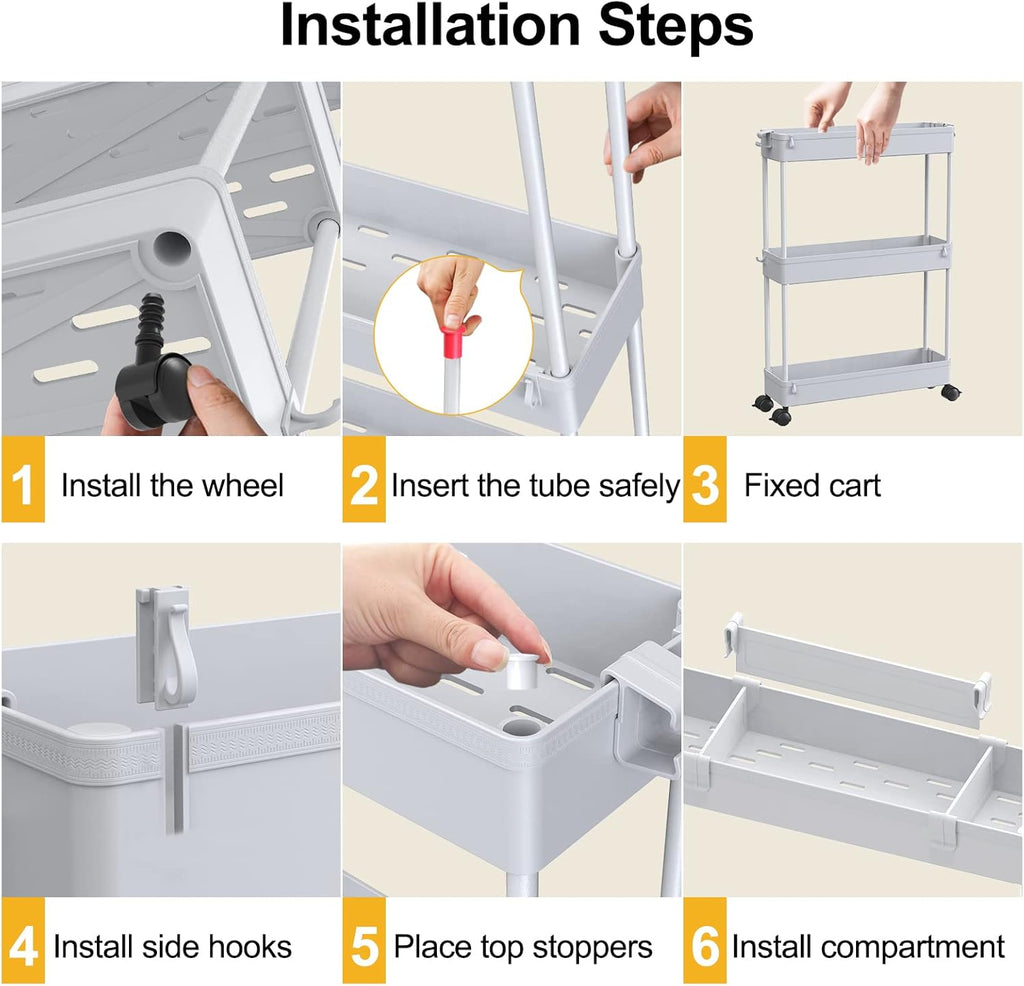 SPACELEAD Slim Storage Cart 3 Tier,Bathroom Organizer Rolling Utility,Mobile Shelving Unit Slide Out for Office, Kitchen, Laundry Room & Narrow Places,Gray