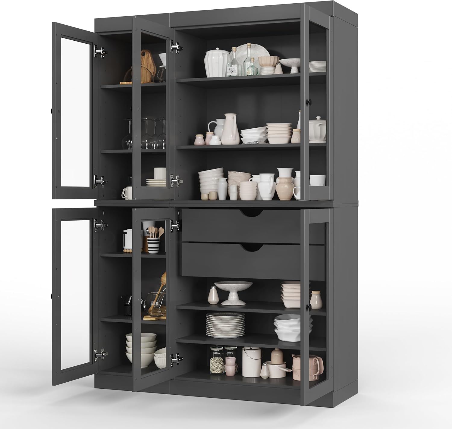 Palace Imports 100% Solid Wood 48.5" Pantry China Cabinet with Clear Glass Doors, 2-Drawers and Adjustable Shelves (Gray)