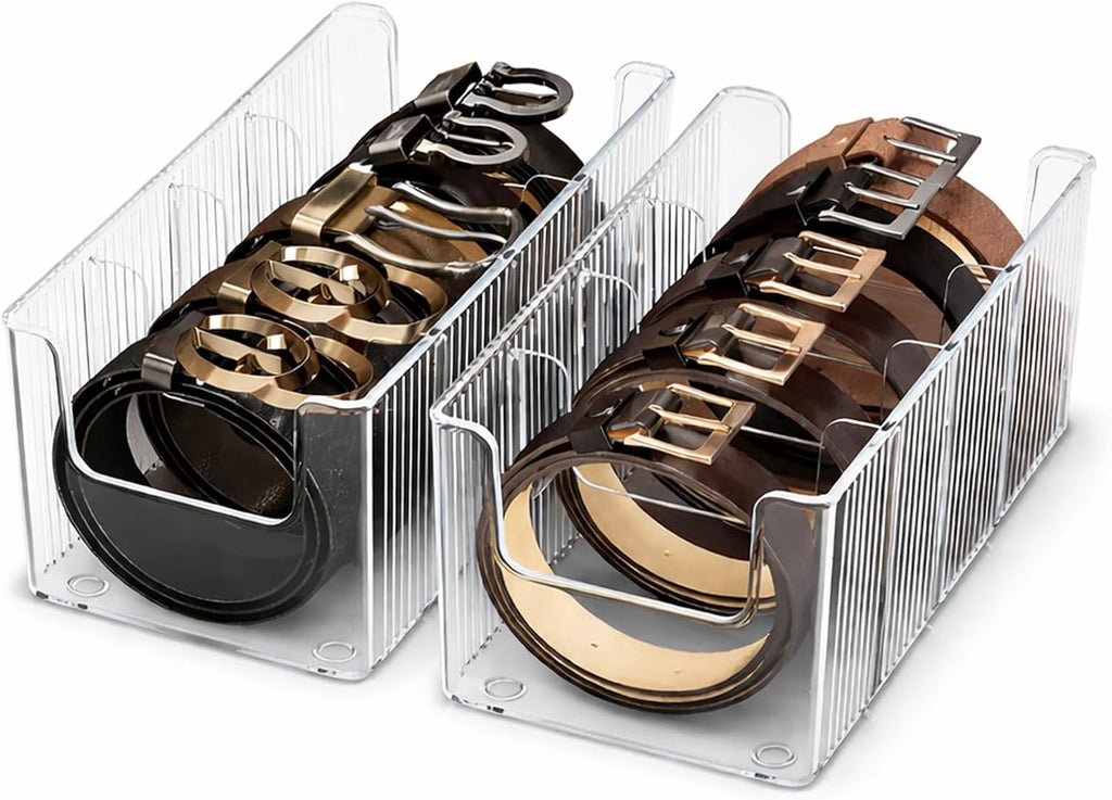 Drawer Belt Organizer for Men –Semi-clear Belt Storage Box for Dress & Leather Belts, Closet Drawer Organization, Holds Up to 10 Belts