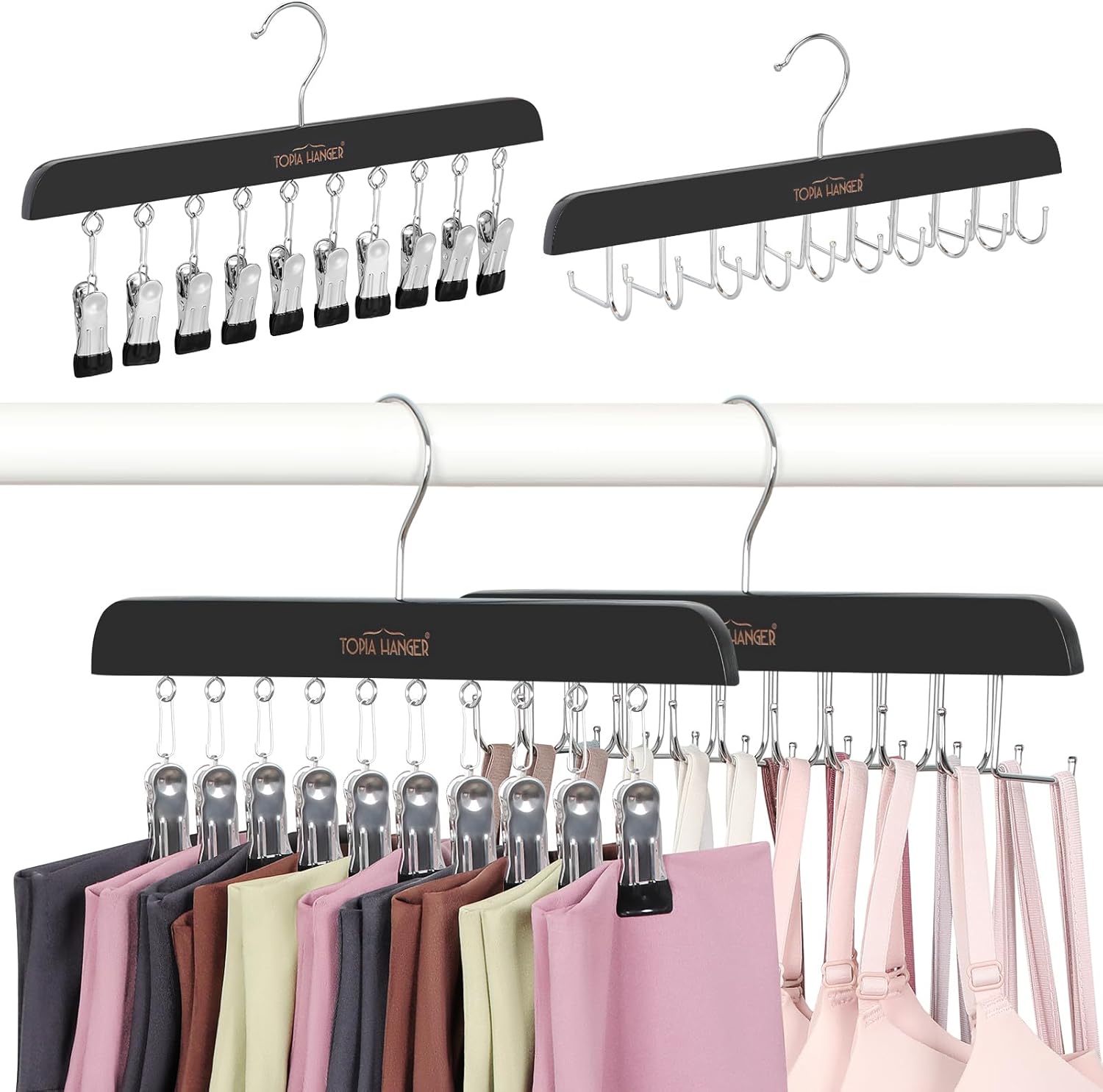 TOPIA HANGER 2 Pack Bra Hanger with 2 Pack Leggings Organizer, 2-in-1 Space Saving Hanger Neatly Store Max 40 Bras and 20 Leggings, Pants Jeans Shorts Skirt Tank Top Hangers for Closet Black CT77B