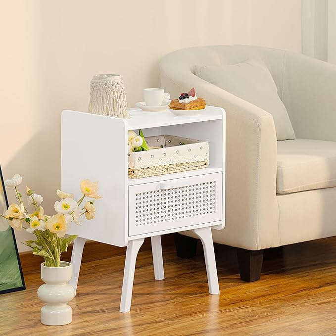 Lerliuo Rattan Nightstand with Charging Station, Side Table with Drawer Open ...