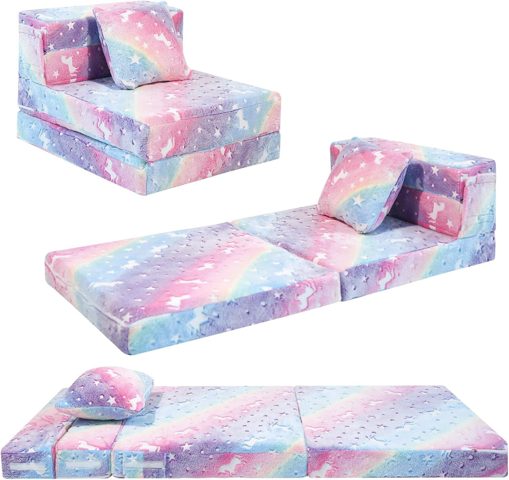 MeMoreCool Glow Rainbow Unicorn Tri-fold Sofa Bed for Kids, Foldable Futon Mattress, Chair, and Floor Couch for Playroom