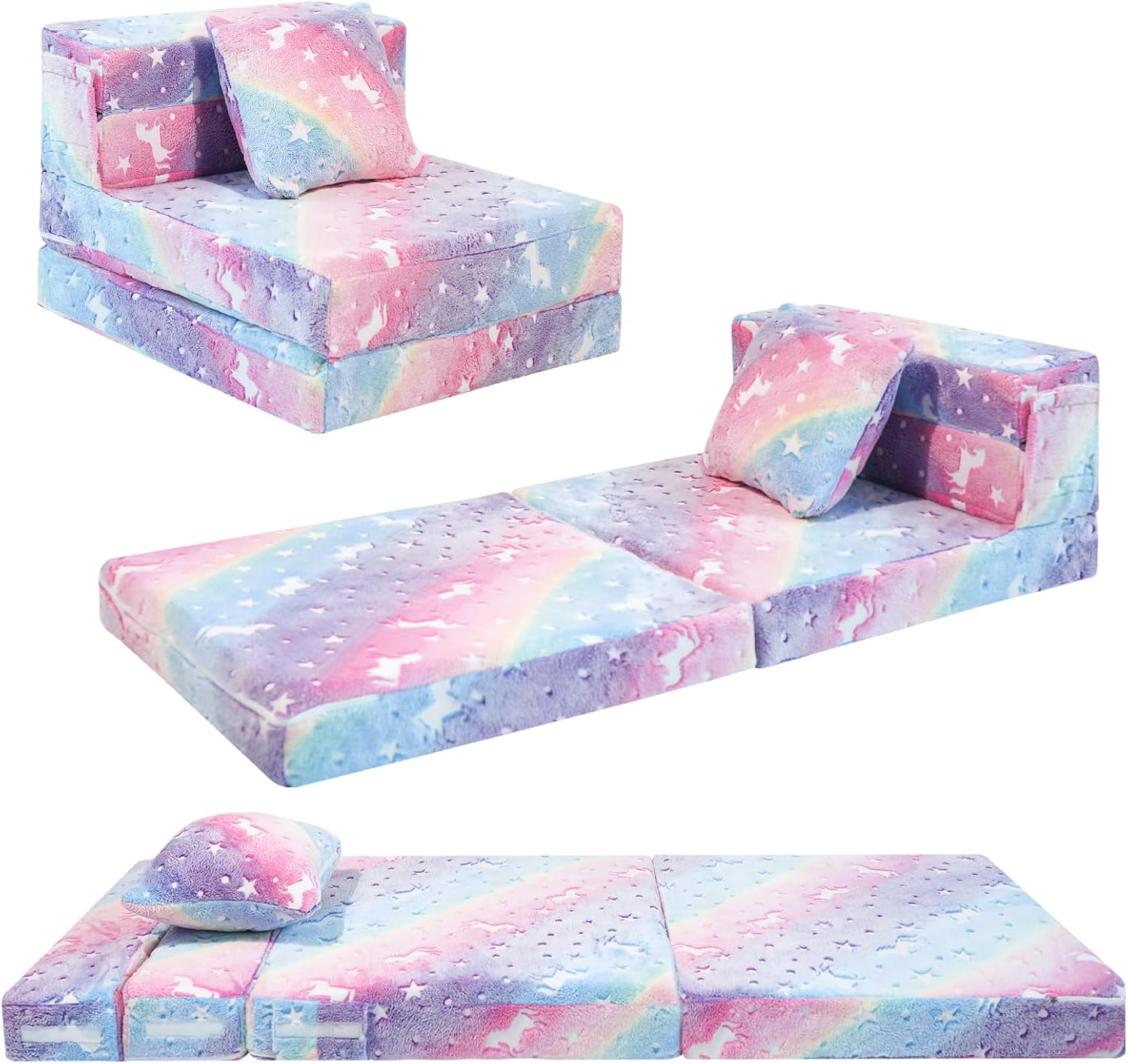 MeMoreCool Glow Rainbow Unicorn Tri-fold Sofa Bed for Kids, Foldable Futon Mattress, Chair, and Floor Couch for Playroom