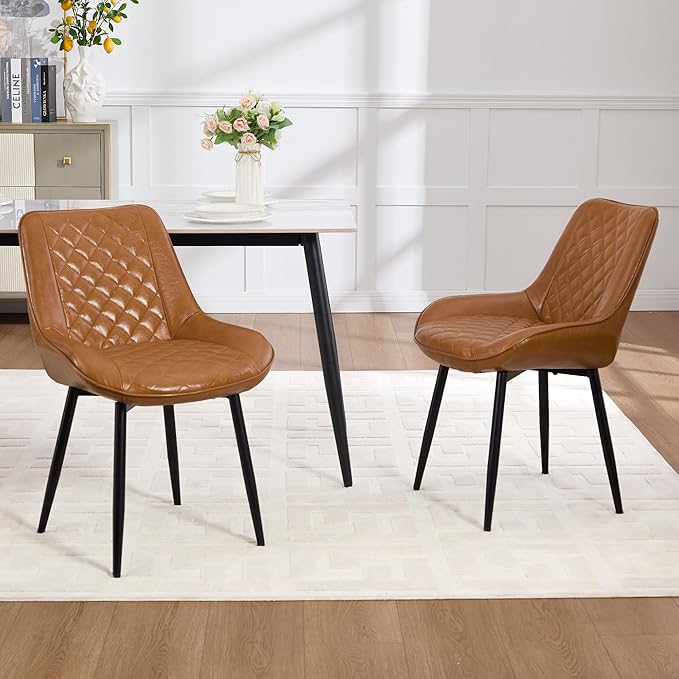 Dining Chair Set of 2, Modern Dining Chairs with Thick Cushions, Faux Leather Upholstered Kitchen Dining Room Chairs with Metal Adjustable Legs for Dining Living Room, Brown