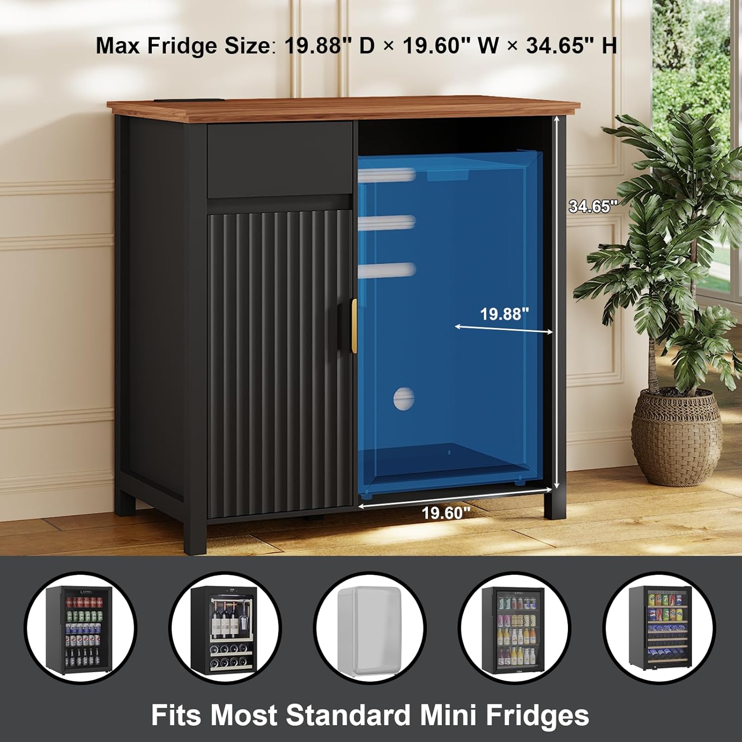 Mini Fridge Cabinet with Charging Station, Modern Fluted Coffee Bar Cabinet with Beverage and Wine Storage, Compact Coffee Bar with Mini Fridge Space for Kitchen, Dining Room or Living Room