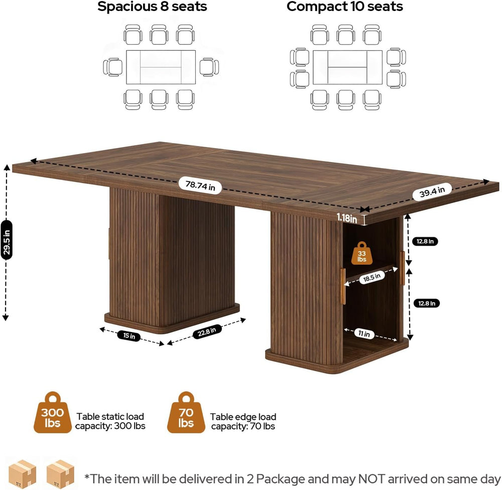78.7" Long Rectangle Dining Table with Fluted Storage Legs for 6/8/10, F...