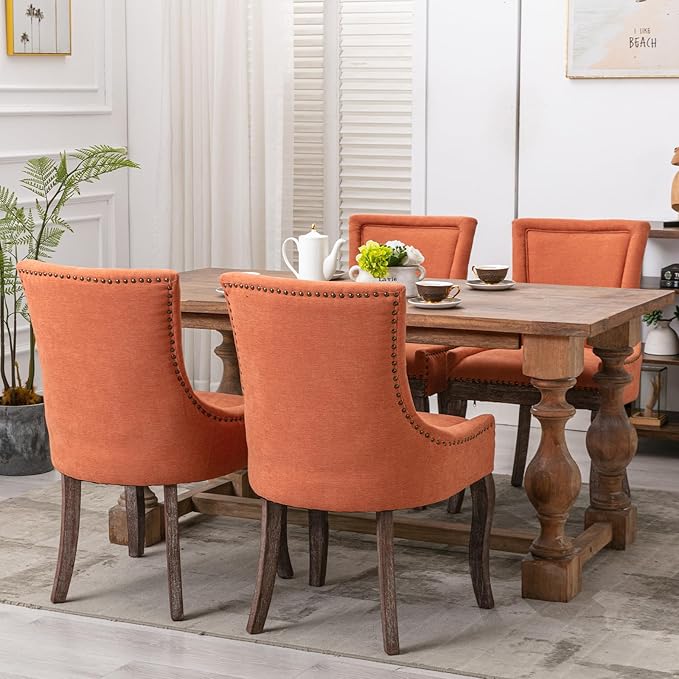 Modern Dining Chairs Set of 6, High Back Dining Chairs Side Chairs with Solid Wood Legs, Upholstered Fabric Dining Room Chairs for Dining Room Kitchen, Orange