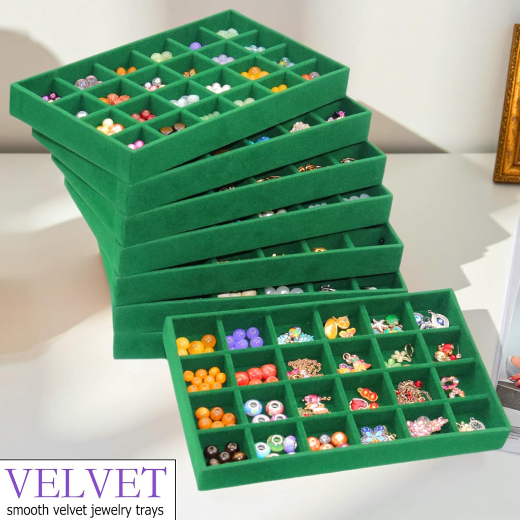 24 Grid Velvet Jewelry Drawer Organizer Tray Stackable Jewelry Trays Removable Dividers for Earring Rings Stud Necklaces (Set of 8, Green