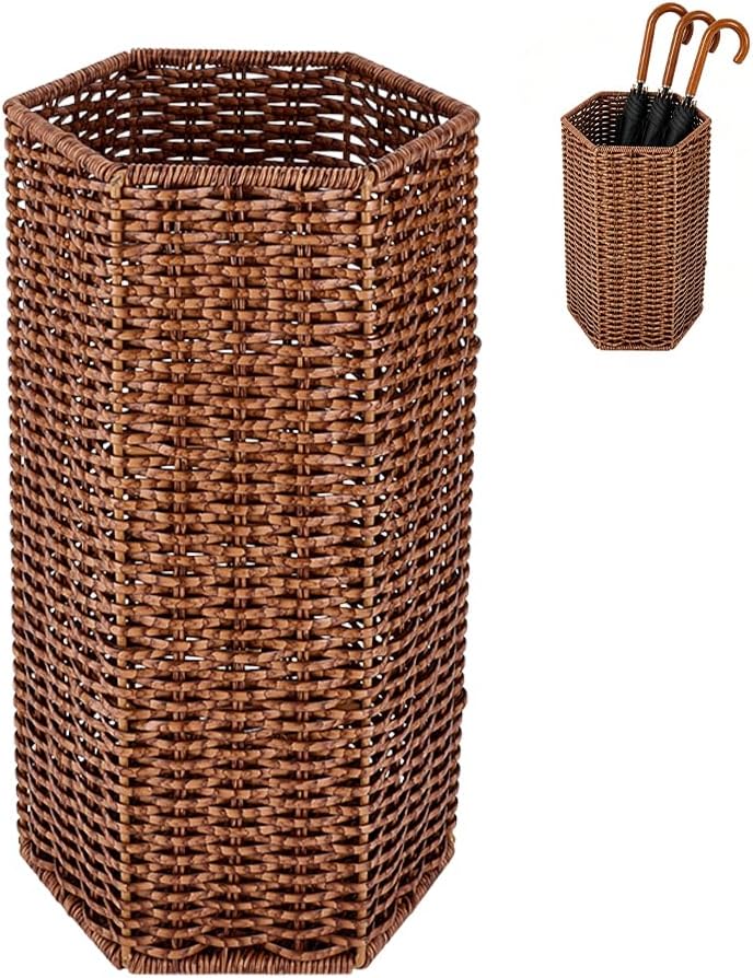 UNICRAFTALE 1pc Brown Handmade Wicker Umbrella Stand Hexagonal Woven Rattan Umbrella Holder with Storage Basket for Entryway and Bathroom 15.5x8.5x7.5 Inch