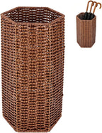 UNICRAFTALE 1pc Brown Handmade Wicker Umbrella Stand Hexagonal Woven Rattan Umbrella Holder with Storage Basket for Entryway and Bathroom 15.5x8.5x7.5 Inch
