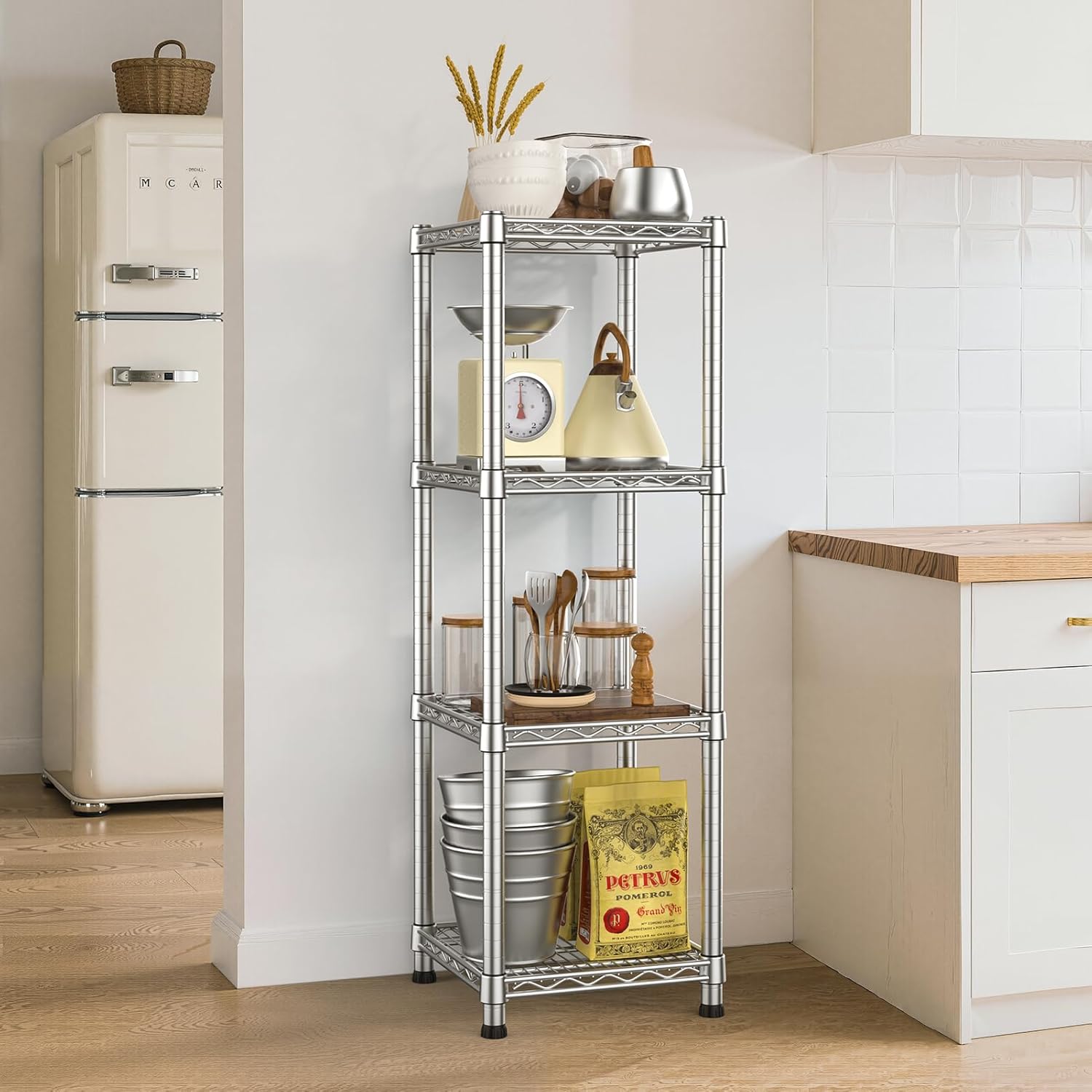 Metal Wire Shelving Unit Storage Shelves 4 Tier Adjustable Shelf Sturdy Steel Rack Standing Units Organizers organize for Laundry Bathroom Kitchen Closet Basement Garage Pantry Narrow Mesh Utility