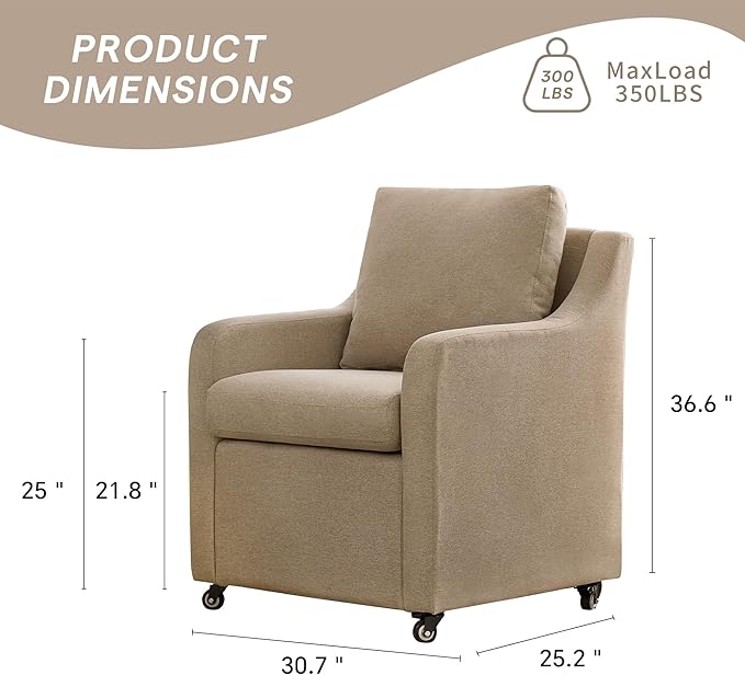Rolled Dining Chair with Casters, Upholstered Modern Swivel Armchair with Wheels for Kitchen (1, Fabric Camel)
