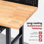 Workbench with Wheels 60 Inch Heavy Duty Rubberwood Tabletop Work Bench for Garage Adjustable Height Work Table with Pegboard, Drawers, Power Outlets for Woodworking, Home, Office, Workshop