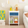Kids Nightstand with Drawer and Shelf, Wood Bedside Table, Navy Blue | Kids nightstand with drawer and open shelf keeps books, toys, and bedtime essentials organized and within easy reach.