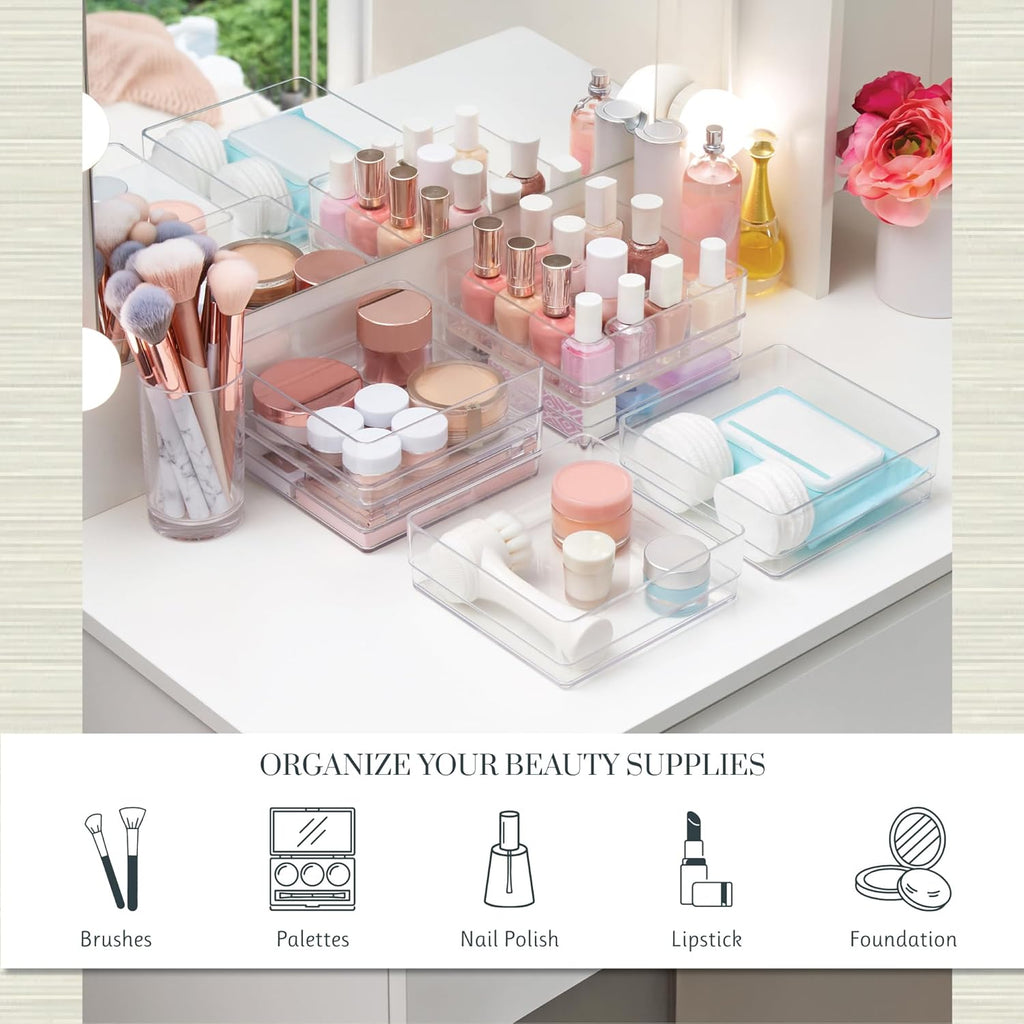 STORi SimpleSort 6-Piece Stackable Clear Drawer Organizer Set | 6" x 6" x 2" Square Trays | Small Makeup Vanity Storage Bins and Office Desk Drawer Dividers | Made in USA