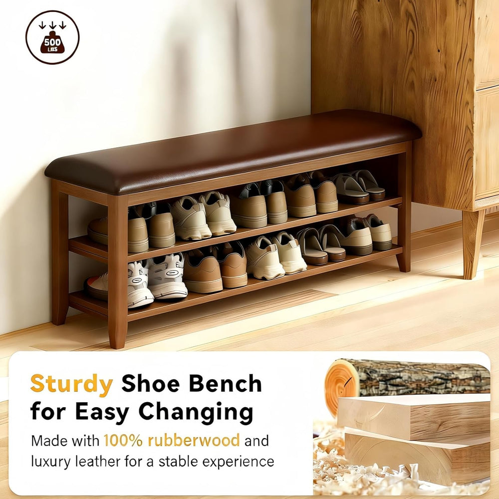 Shoe Bench Storage with Leather Cushion, Rustic Solid Wood Entryway Bench wit...