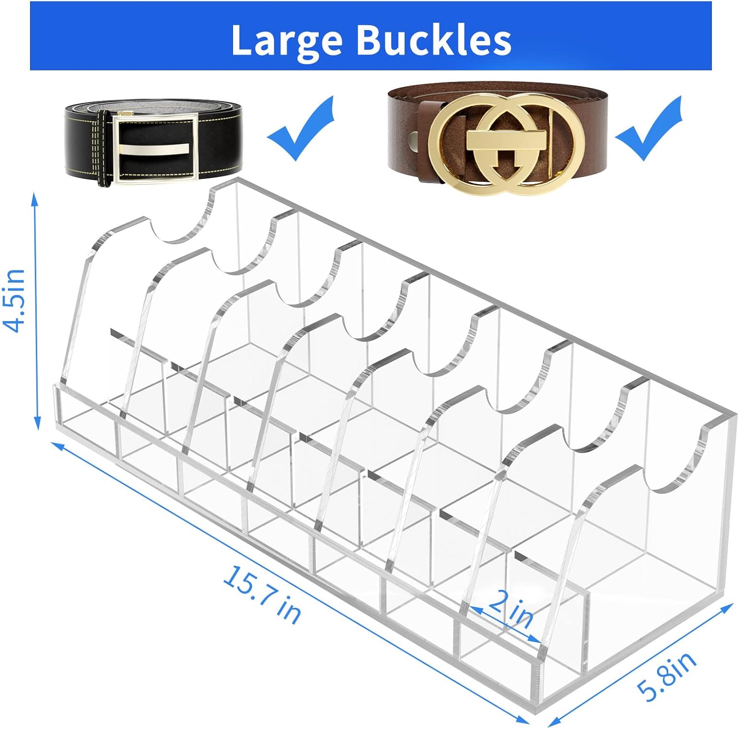 FEMELI Belt Organizer Acrylic Clear Case Storage Holder for Closet and Drawer, 7 Compartments Tie Box Container with Display Stand