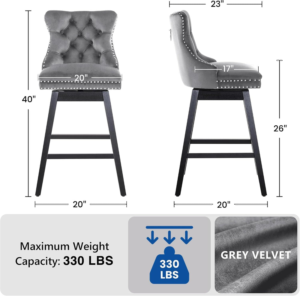 Swivel Bar Stools Set of 2, 26" Counter Height, Grey