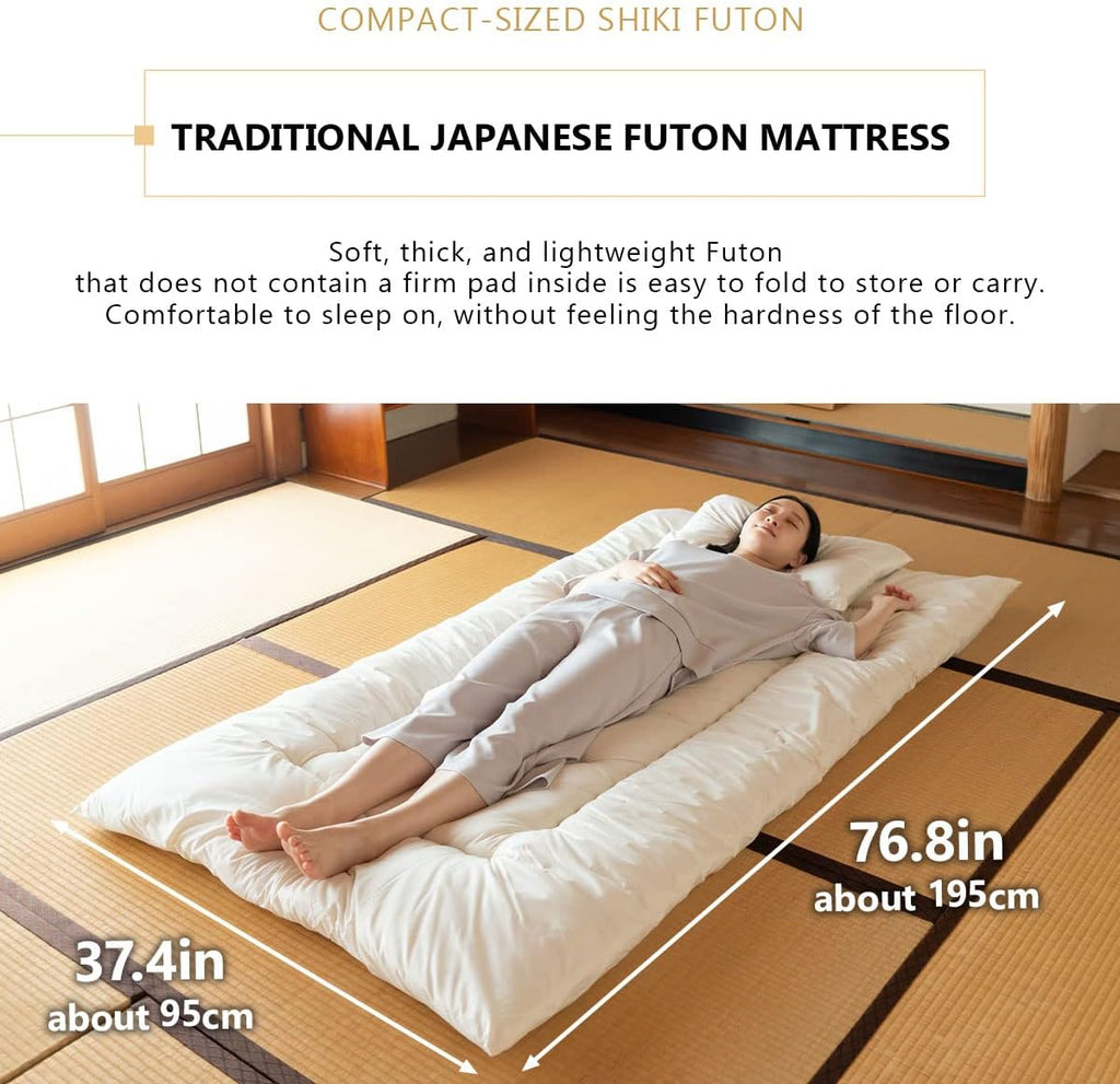 EMOOR Space-Saving Japanese Futon Set (Futon Mattress, Comforter & Pillow) Compact-Twin, Made in Japan, Foldable Floor Sleeping Mattress Shikibuton Tatami Mat Camp Guest-Use