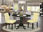 East West Furniture DLAB3-BLK-73 3 Piece Kitchen Table Set Contains a Round Dining Table with Dropleaf and 2 Eggnog Faux Leather Parson Dining Room Chairs, 42x42 Inch, Black