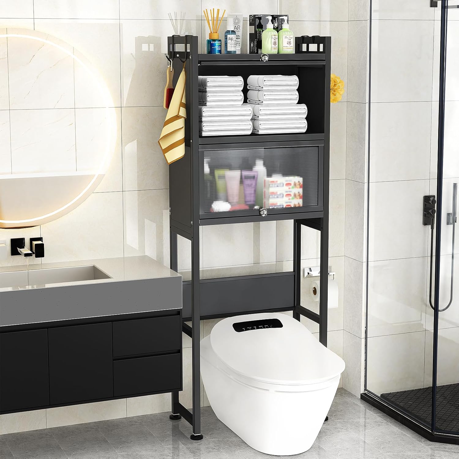 ZZL Over The Toilet Storage Cabinet,3-Tier,Bathroom Toilet Organizer,Waterproof, Cabinet Door Design,Freestanding Space Saver with 4 Hooks for Bathroom,Black