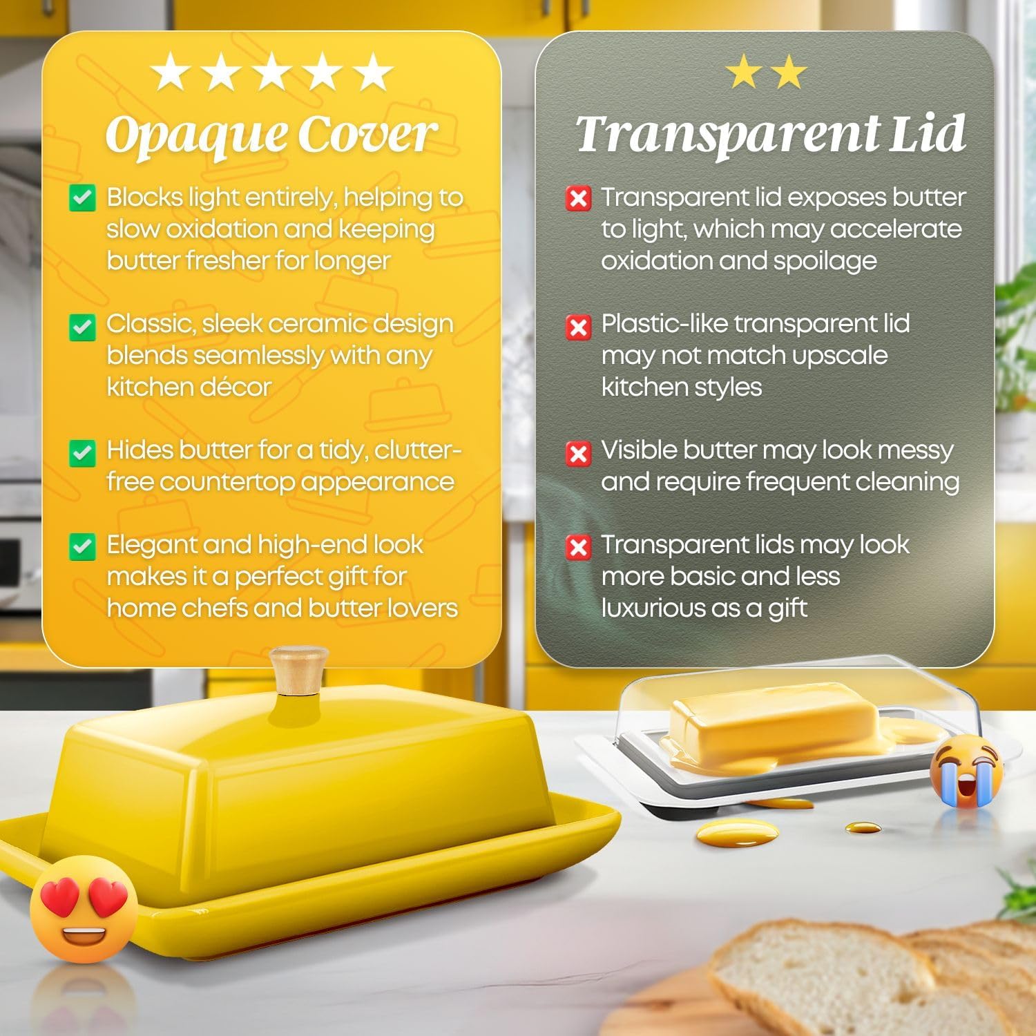 Flexzion Ceramic Yellow European Butter Dish with Lid for Countertop (7 Inch) - Wide 2 Stick Double Butter Holder for Counter, Cream Cheese Container Storage Keeper