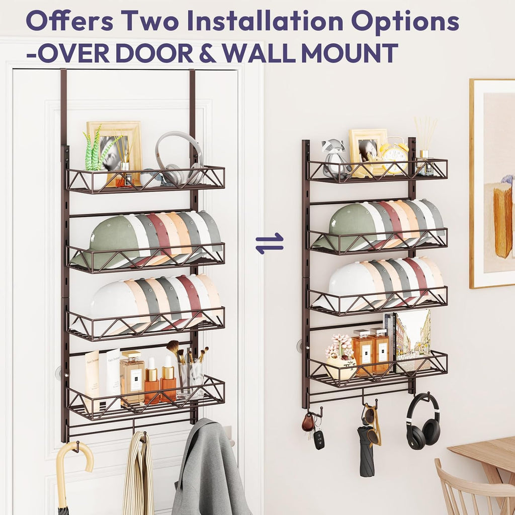 SWTYMIKI Over Door Hat Organizer - 5 Tier Wall Mounted Hat Rack with 4 Adjustable Metal Basket and 3 Hooks, Hanging Baseball Cap Organizer Storage Holds up to 49 Caps for Door, Bedroom, Closet