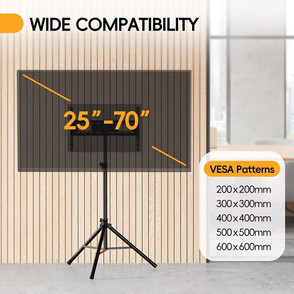 Tripod TV Stand for 25-70" TVs, Adjustable & Foldable, Black | ±15° ...