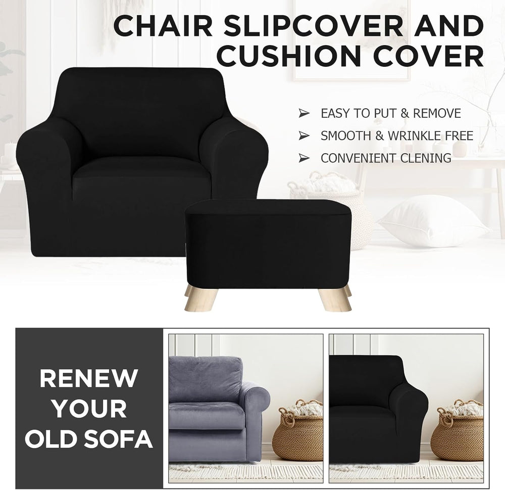 HunnmingRe 2 Piece Black Chair Ottoman Slipcover Set for T Cushion Armchair