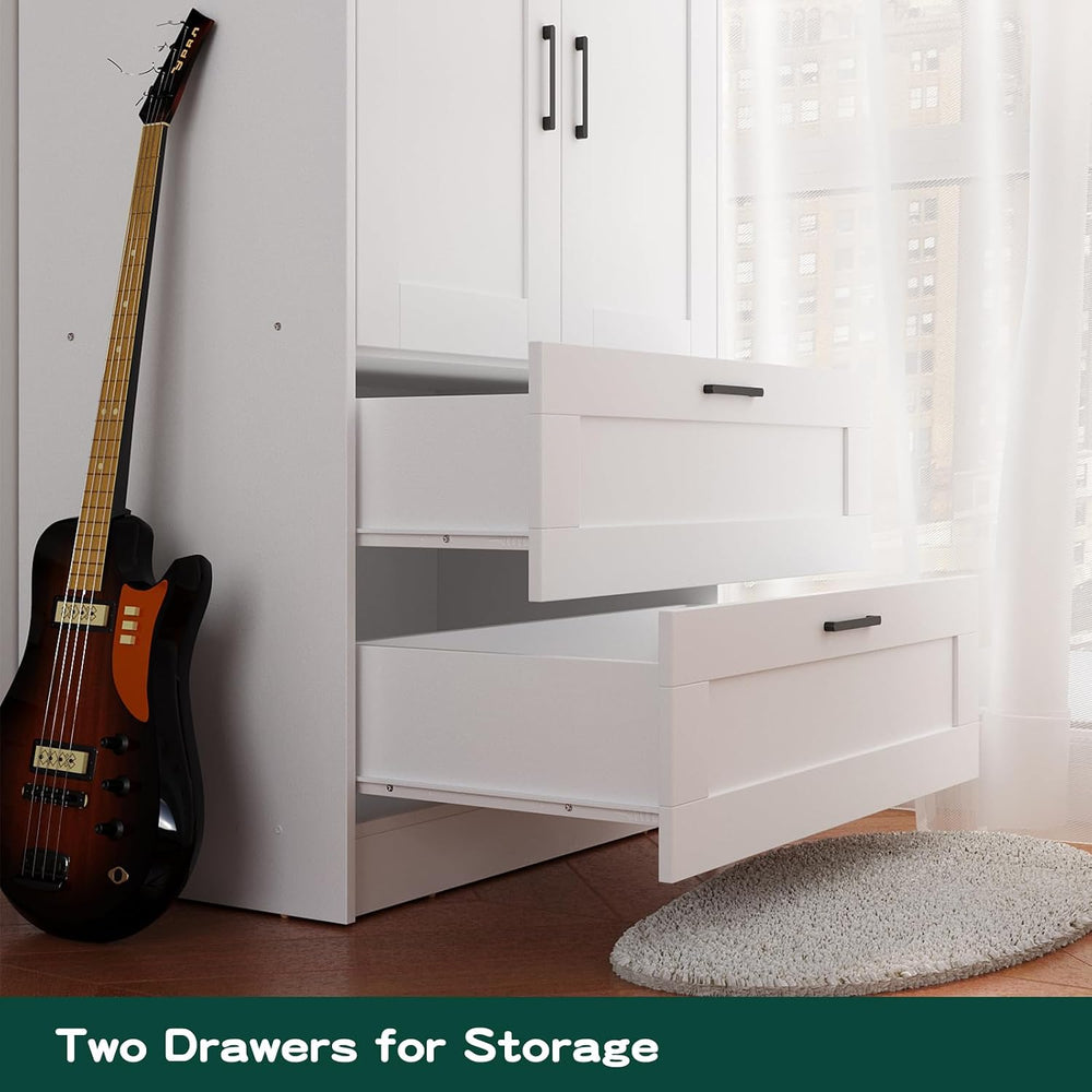 Fenghua Lizhi Wood White Wardrobe Closet with 2 Doors and 2 Drawers，Bedroom F...