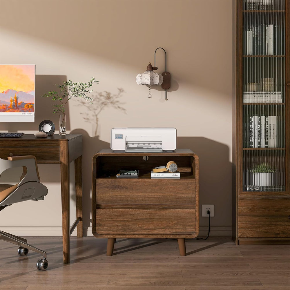 Nasonet Mid Century Modern Nightstand with Charging Station, Wood Bedroom End...