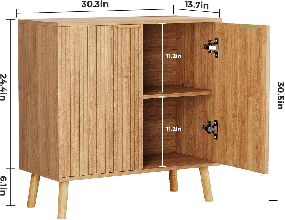 Fluted Storage Cabinet, Buffet Cabinet with Storage, Wood Sideboard with Adju...