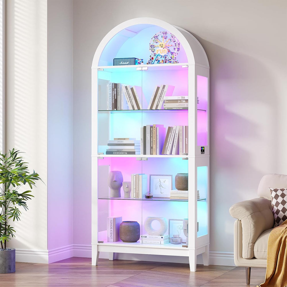 HNEBC Arched Display Case with RGB Lights, 69" Tall 5-Tier Tempered Glas...