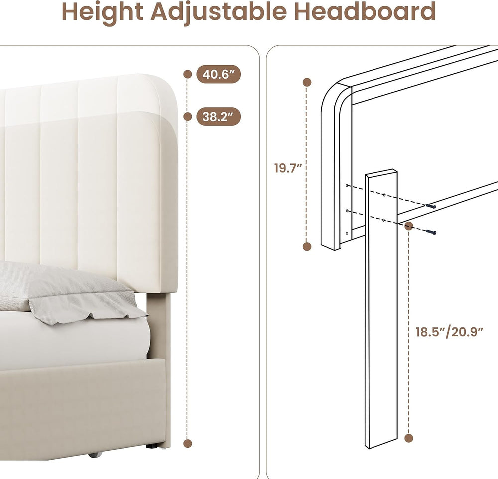 IDEALHOUSE Queen Size Velvet Upholstered Bed Frame, Beige