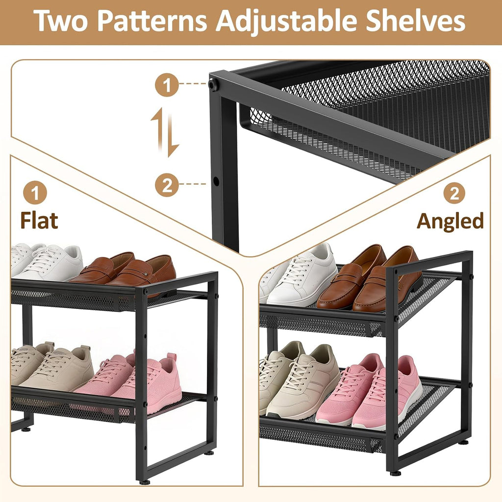 Expandable Shoe Rack, 2 Tier Adjustable Shoe Organizer with Flat & Slant Dual Use Design, Space Saving Shoes Stand for Closet & Entryway, Sturdy Dense Metal Grid Shoe Holder for High Heels, Sneakers