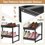 Expandable Shoe Rack, 2 Tier Adjustable Shoe Organizer with Flat & Slant Dual Use Design, Space Saving Shoes Stand for Closet & Entryway, Sturdy Dense Metal Grid Shoe Holder for High Heels, Sneakers