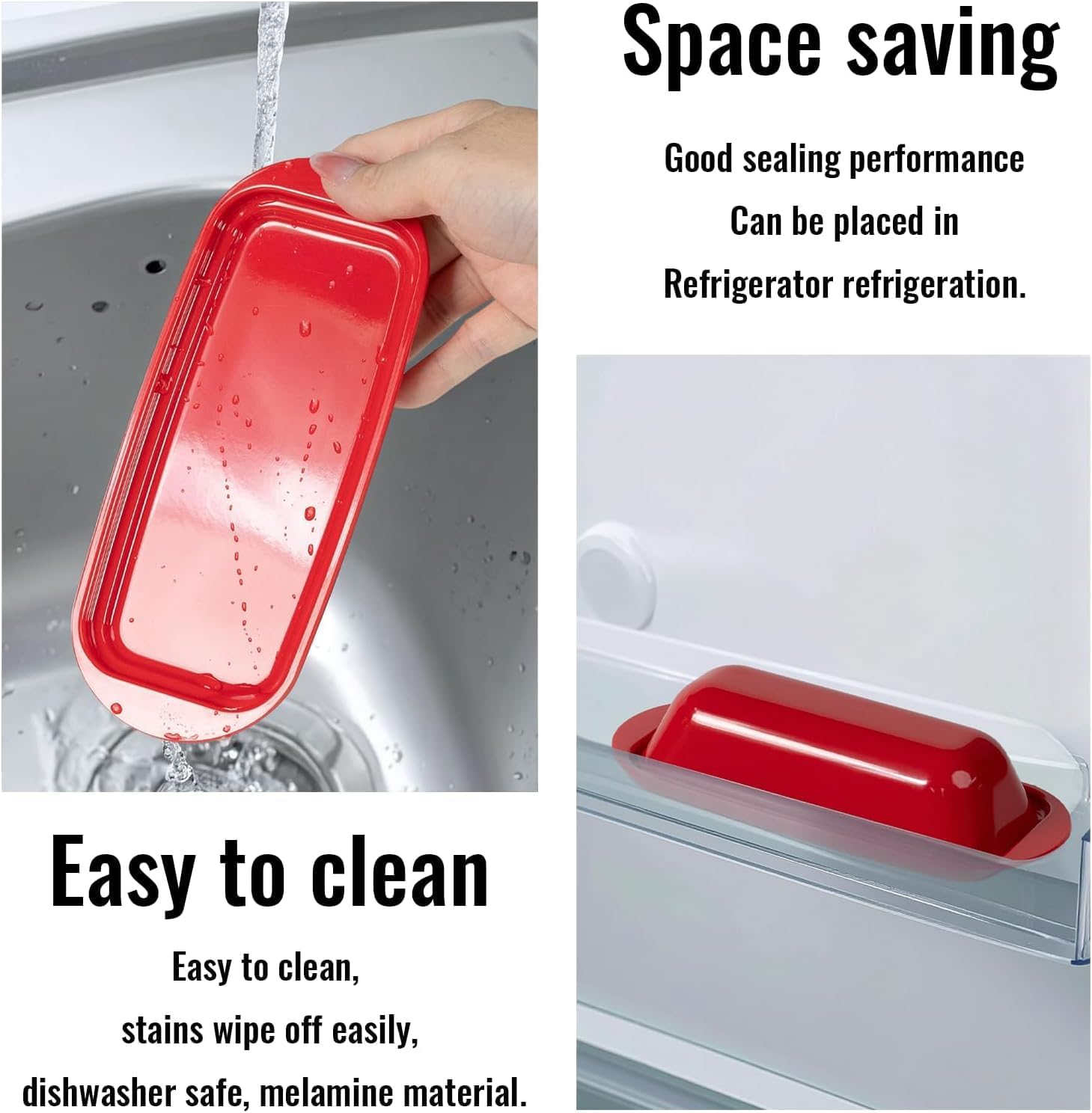 Butter Dish with Lid and Knife, Durable Countertop & Fridge Butter Keeper, BPA-Free Melamine Butter Container, Dishwasher Safe, Fits East/West Coast Butter Sticks (Red)