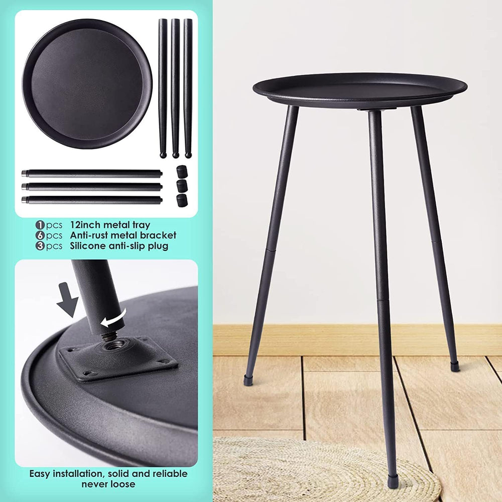 Black Small Round Table for the Living Room，Lndoor Plant Suppor，All Matte Bla...