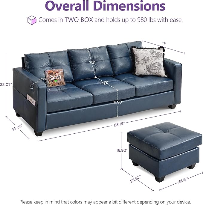 TYBOATLE 88" W Blue Faux Leather L Shaped Sectional Couches w/Side Pockets, Comfy Modular Convertible Sofas w/USB, Office Sofa Set with Chaise for Living Room, Bedroom (Blue, 3L)