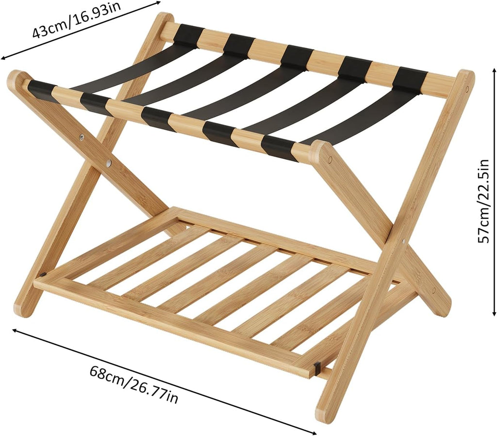 Set of 2 Fully Assembled Luggage Rack for Guest Room, 5 Straps Bamboo Suitcase Stand with Shoe Shelf, 26.77" Wide Foldable Luggage Holder for Bedroom, Hotel (Natural)