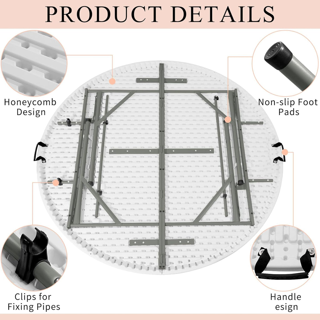 5 FT Round Folding Tables with Carrying Handle 60 inch Heavy Duty Portable Plastic Commercial Table Steel Legs for Party, Dining, Wedding, Events, Picnic Indoor, Outdoor (White,1 Pack)